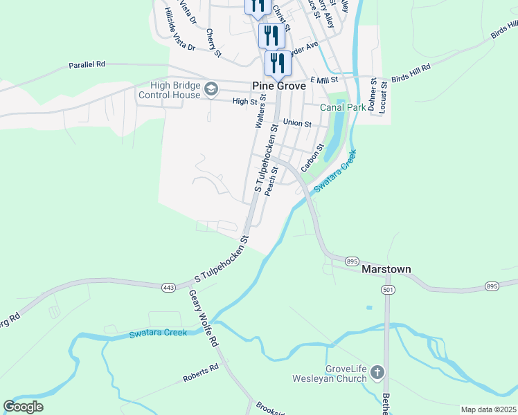 map of restaurants, bars, coffee shops, grocery stores, and more near 303 South Tulpehocken Street in Pine Grove