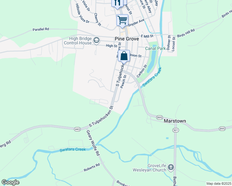 map of restaurants, bars, coffee shops, grocery stores, and more near 303 South Tulpehocken Street in Pine Grove