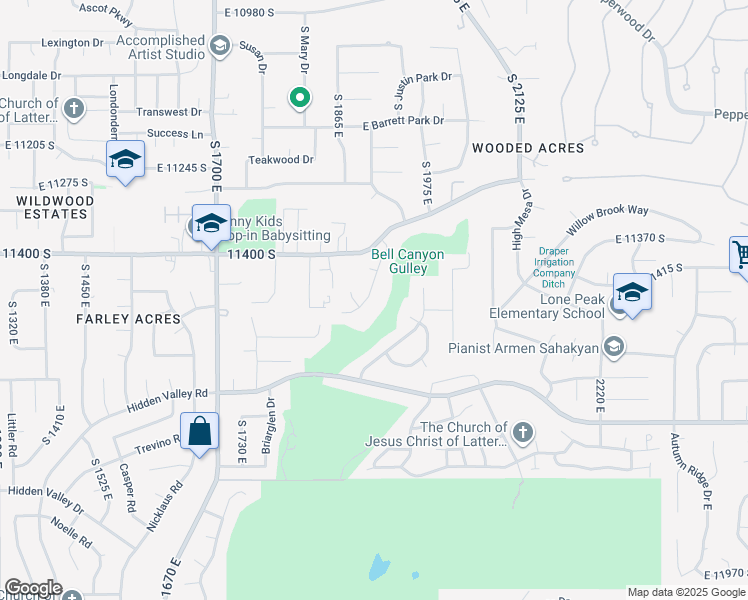 map of restaurants, bars, coffee shops, grocery stores, and more near 11447 South 1910 East in Sandy