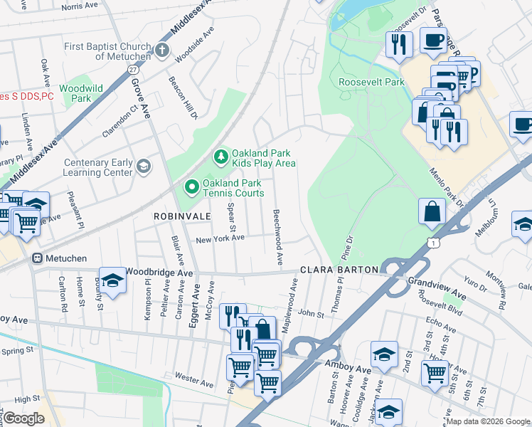 map of restaurants, bars, coffee shops, grocery stores, and more near 71 Beechwood Avenue in Metuchen