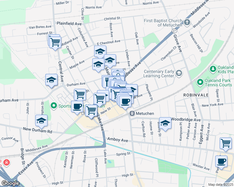 map of restaurants, bars, coffee shops, grocery stores, and more near in Metuchen