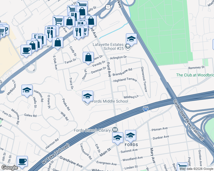 map of restaurants, bars, coffee shops, grocery stores, and more near 15 Hearthstone Avenue in Woodbridge Township