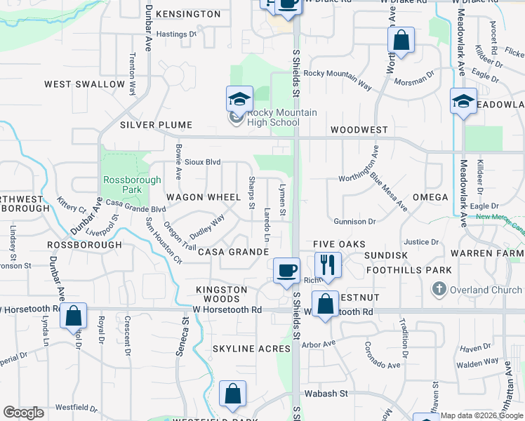 map of restaurants, bars, coffee shops, grocery stores, and more near 3124 Laredo Lane in Fort Collins