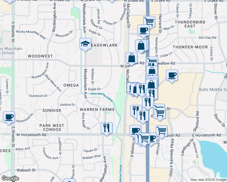 map of restaurants, bars, coffee shops, grocery stores, and more near 3148 Eagle Drive in Fort Collins