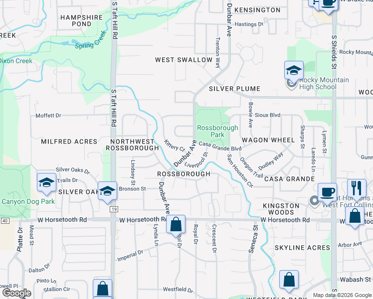map of restaurants, bars, coffee shops, grocery stores, and more near 1757 Bedford Circle in Fort Collins