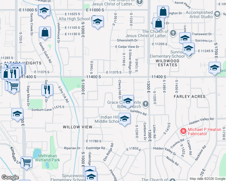 map of restaurants, bars, coffee shops, grocery stores, and more near 11438 Cherry Hill Drive in Sandy