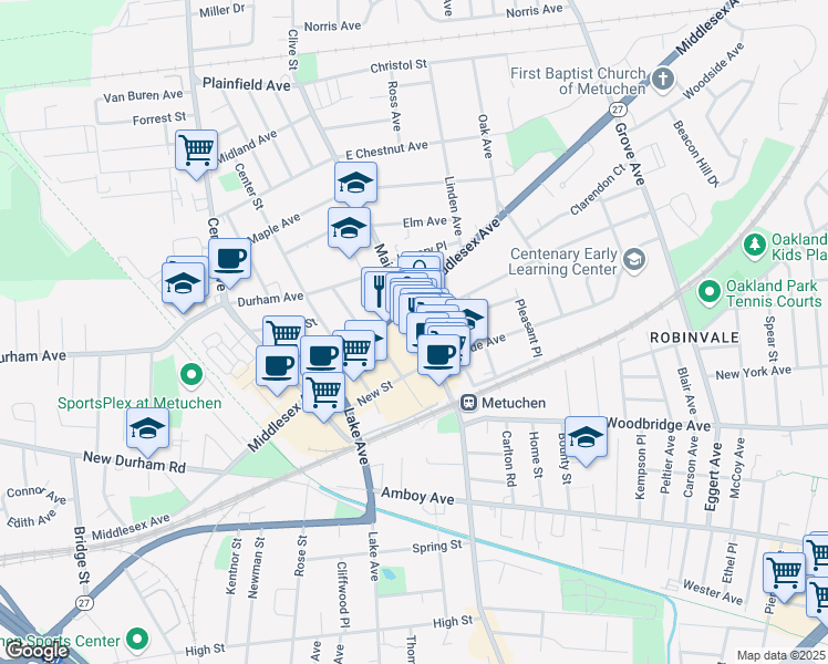 map of restaurants, bars, coffee shops, grocery stores, and more near in Metuchen