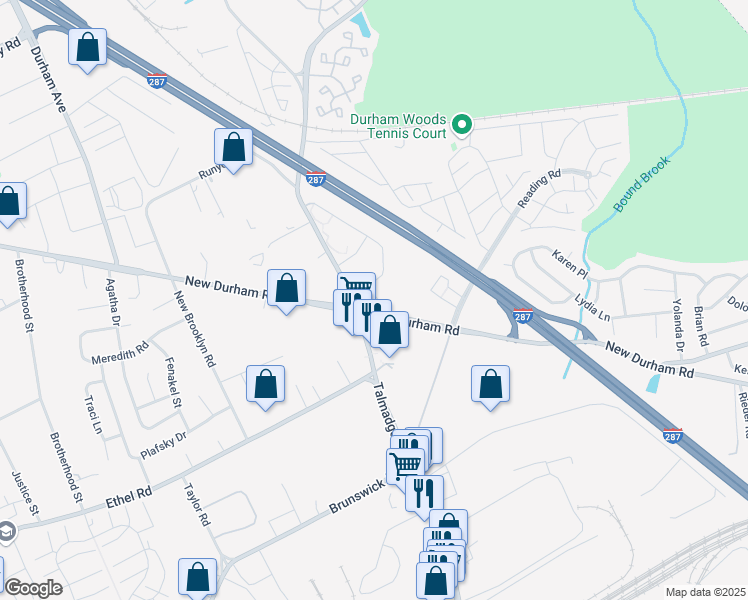map of restaurants, bars, coffee shops, grocery stores, and more near 1238 Waterford Drive in Edison
