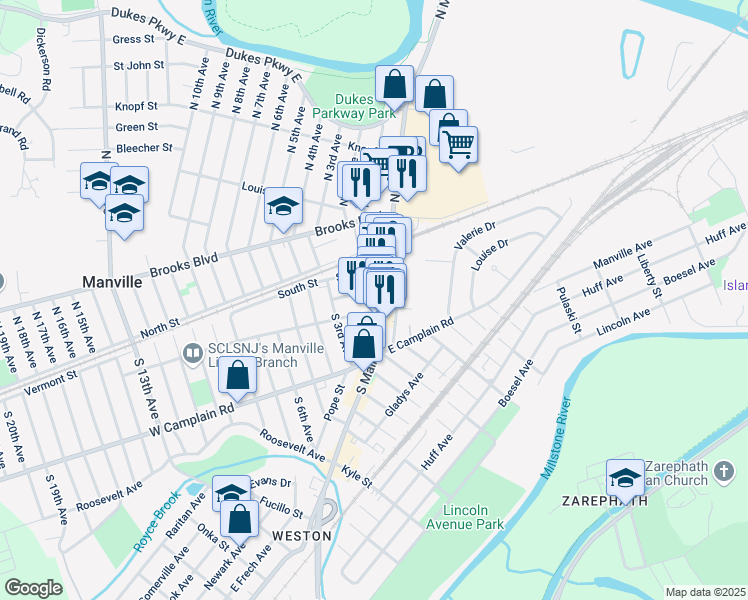 map of restaurants, bars, coffee shops, grocery stores, and more near 36 South Main Street in Manville
