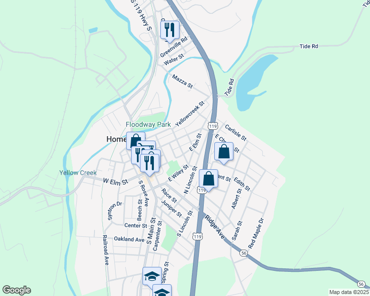 map of restaurants, bars, coffee shops, grocery stores, and more near 244 East Church Street in Homer City