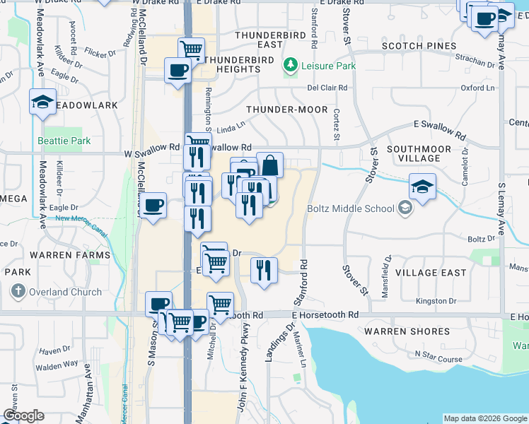 map of restaurants, bars, coffee shops, grocery stores, and more near 215 East Foothills Parkway in Fort Collins
