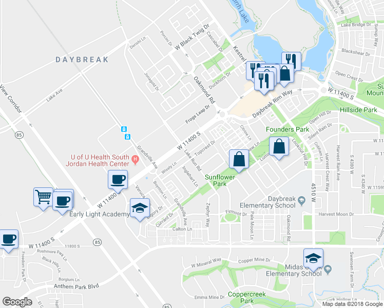 map of restaurants, bars, coffee shops, grocery stores, and more near 4934 Topcrest Drive in South Jordan