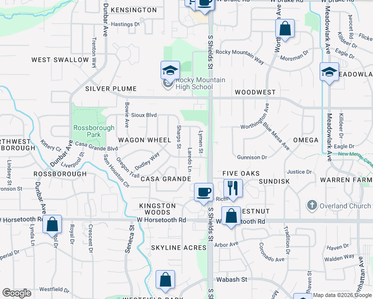 map of restaurants, bars, coffee shops, grocery stores, and more near 3219 Laredo Lane in Fort Collins