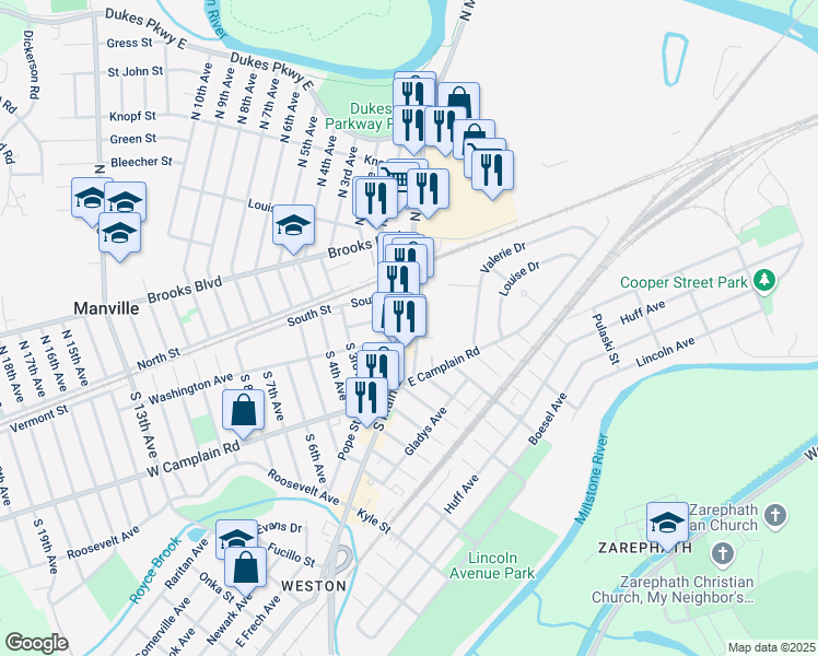 map of restaurants, bars, coffee shops, grocery stores, and more near 36 South Main Street in Manville
