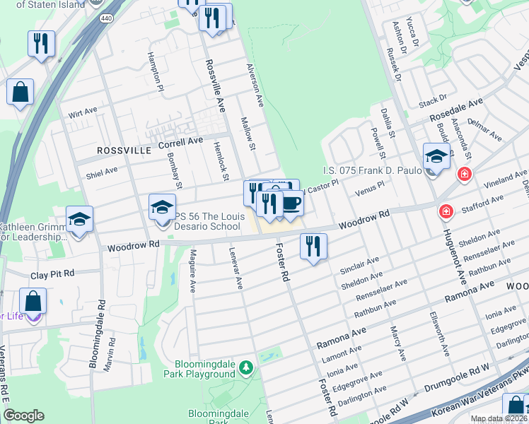 map of restaurants, bars, coffee shops, grocery stores, and more near 645 Rossville Avenue in Staten Island