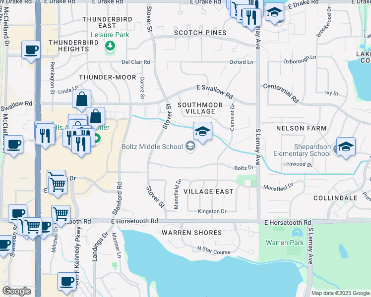 map of restaurants, bars, coffee shops, grocery stores, and more near 720 Boltz Drive in Fort Collins