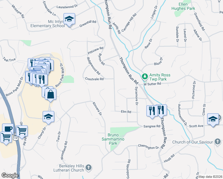 map of restaurants, bars, coffee shops, grocery stores, and more near 93 Crestvale Road in Pittsburgh