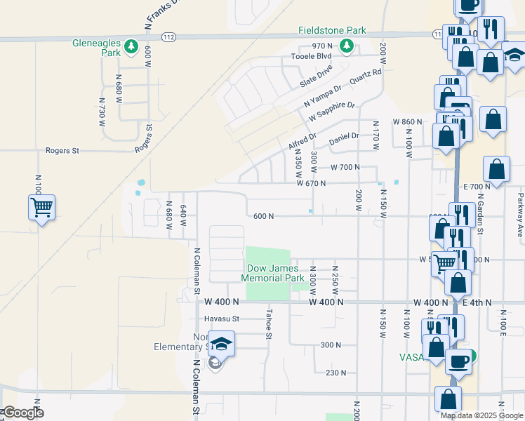 map of restaurants, bars, coffee shops, grocery stores, and more near 438 West 600 North in Tooele
