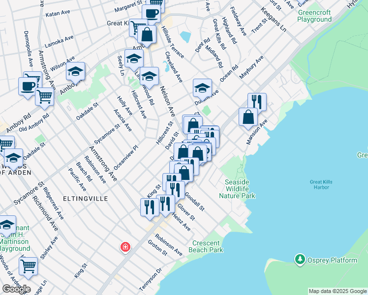 map of restaurants, bars, coffee shops, grocery stores, and more near 26 Driggs Street in Staten Island