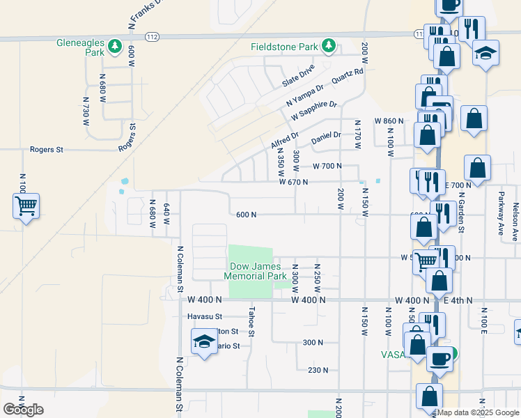 map of restaurants, bars, coffee shops, grocery stores, and more near 406 West 600 North in Tooele