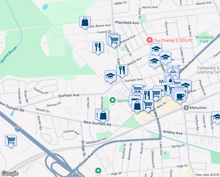 map of restaurants, bars, coffee shops, grocery stores, and more near 185 Durham Avenue in Metuchen