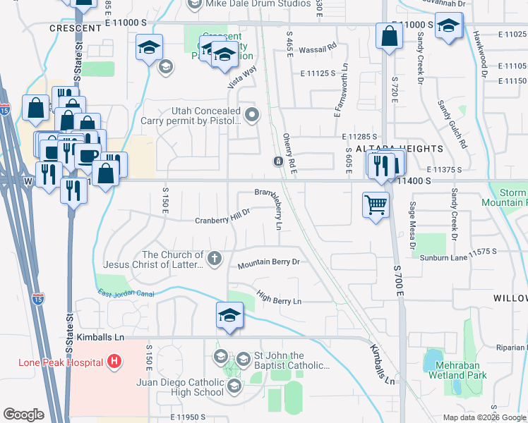 map of restaurants, bars, coffee shops, grocery stores, and more near 392 Cranberry Hill Drive in Draper