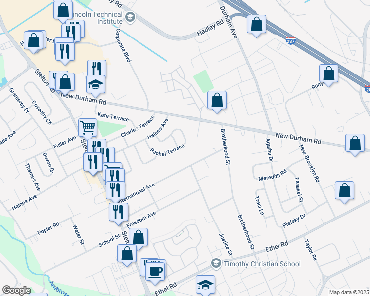 map of restaurants, bars, coffee shops, grocery stores, and more near 24 Rachel Terrace in Piscataway