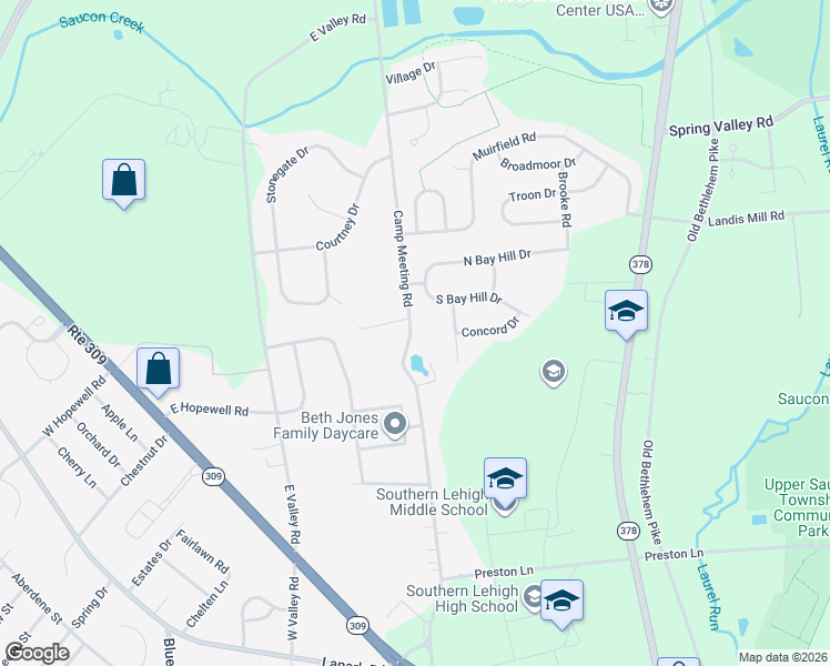 map of restaurants, bars, coffee shops, grocery stores, and more near 3420 South Bay Hill Drive in Lehigh County
