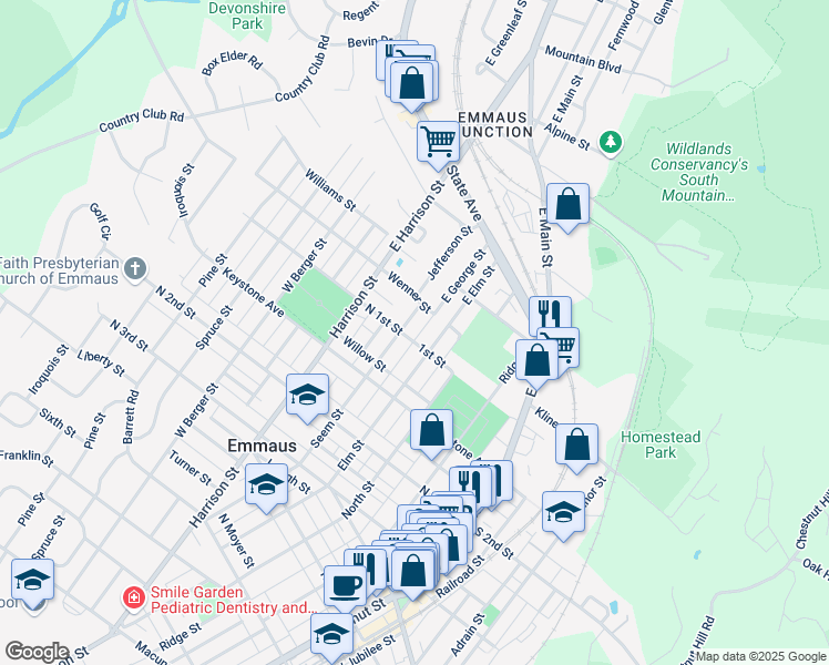 map of restaurants, bars, coffee shops, grocery stores, and more near 328 Wenner Street in Emmaus