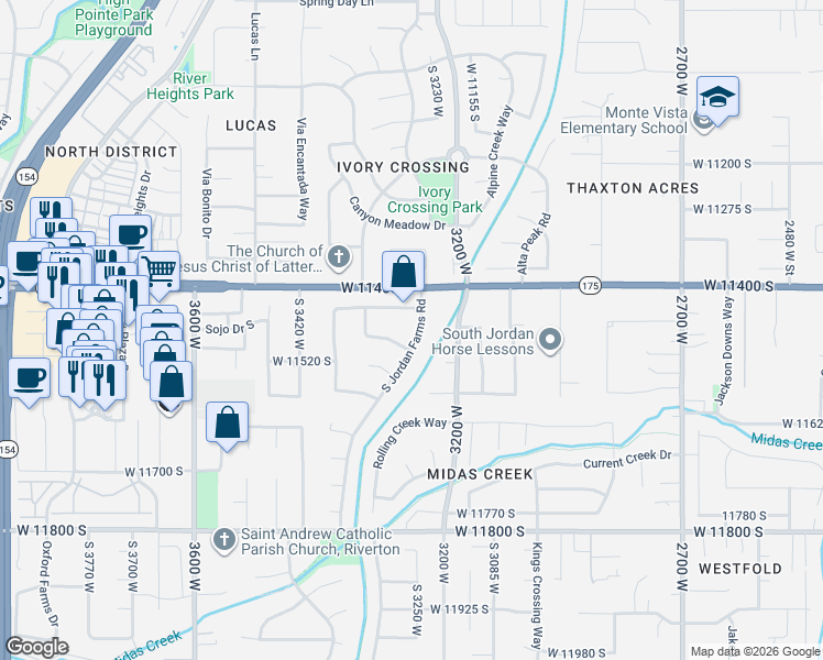 map of restaurants, bars, coffee shops, grocery stores, and more near 3273 Country Bluff Road in South Jordan