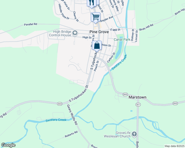 map of restaurants, bars, coffee shops, grocery stores, and more near 299 South Tulpehocken Street in Pine Grove
