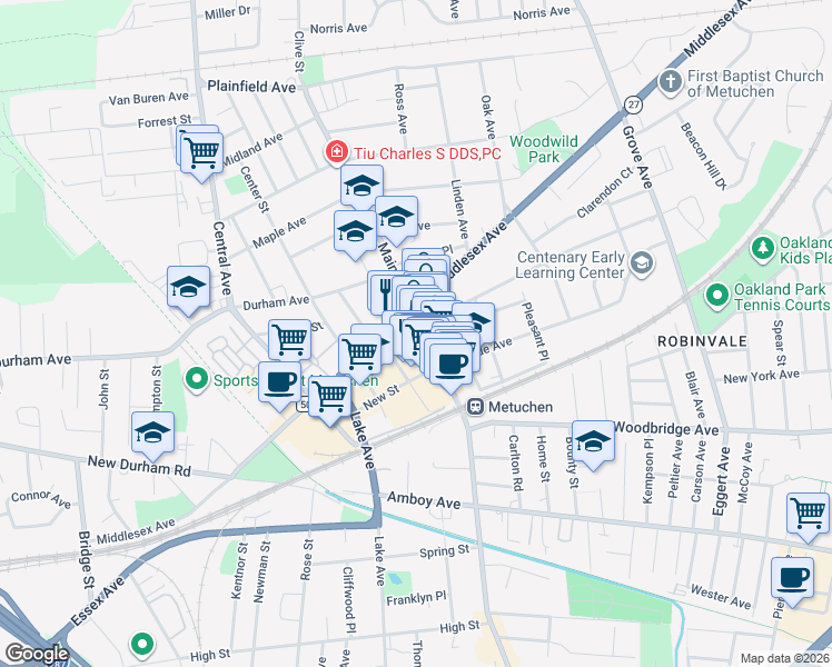 map of restaurants, bars, coffee shops, grocery stores, and more near in Metuchen