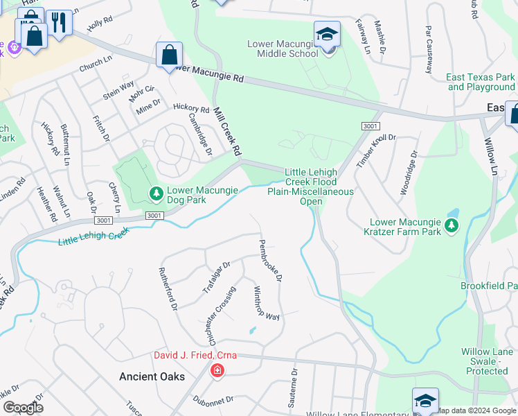 map of restaurants, bars, coffee shops, grocery stores, and more near 1779 Pembrooke Drive in Macungie