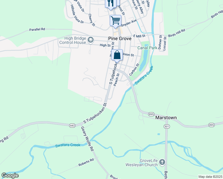 map of restaurants, bars, coffee shops, grocery stores, and more near 299 South Tulpehocken Street in Pine Grove