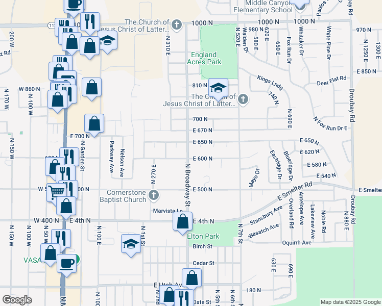 map of restaurants, bars, coffee shops, grocery stores, and more near 616 North Broadway Street in Tooele