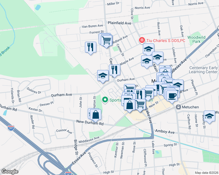 map of restaurants, bars, coffee shops, grocery stores, and more near 157 Durham Avenue in Metuchen