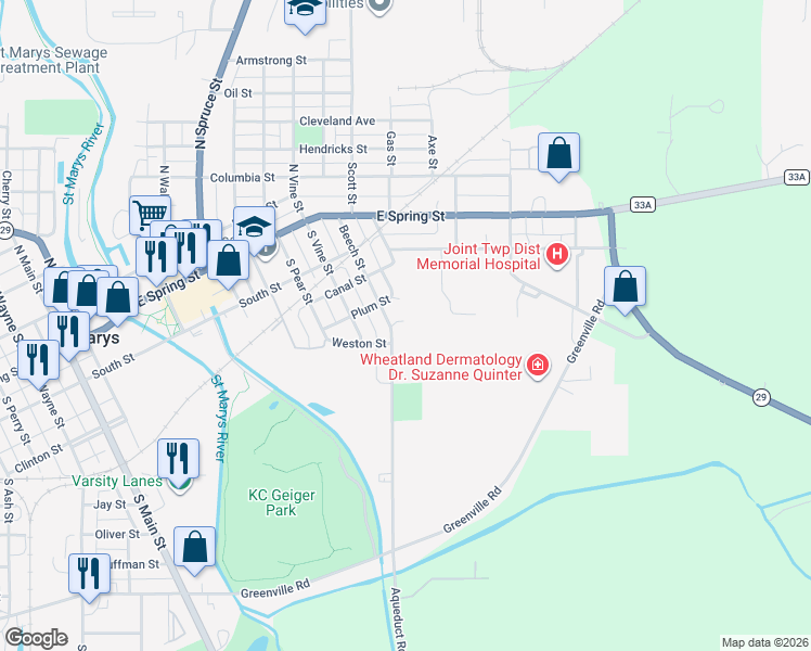 map of restaurants, bars, coffee shops, grocery stores, and more near 416 Beech Street in Saint Marys