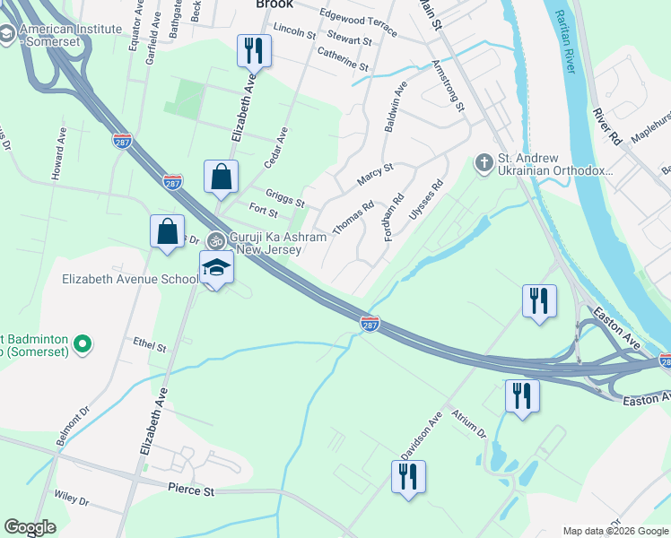 map of restaurants, bars, coffee shops, grocery stores, and more near 32 Thomas Road in Franklin Township