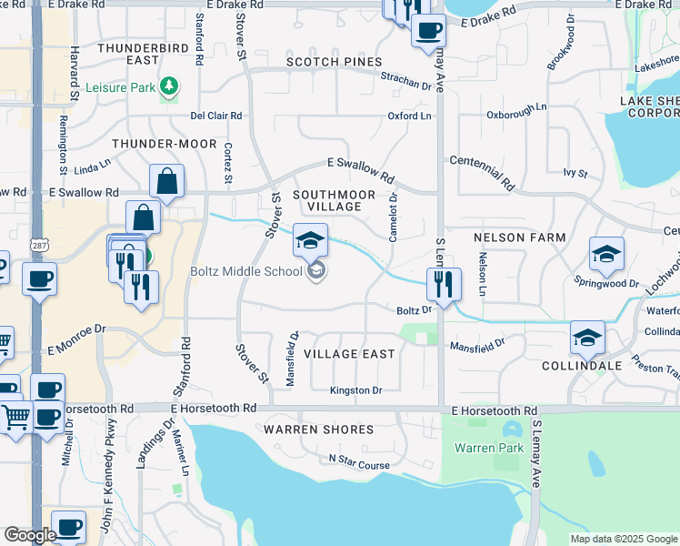 map of restaurants, bars, coffee shops, grocery stores, and more near 720 Boltz Drive in Fort Collins