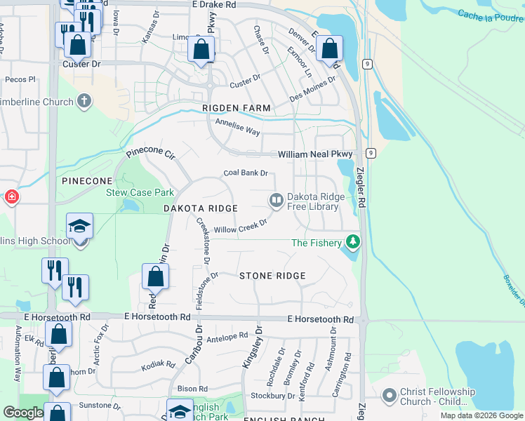 map of restaurants, bars, coffee shops, grocery stores, and more near 2713 Red Cloud Court in Fort Collins
