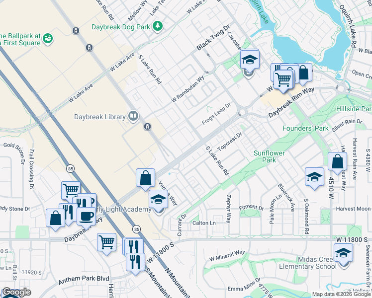 map of restaurants, bars, coffee shops, grocery stores, and more near 11477 Grandville Avenue in South Jordan