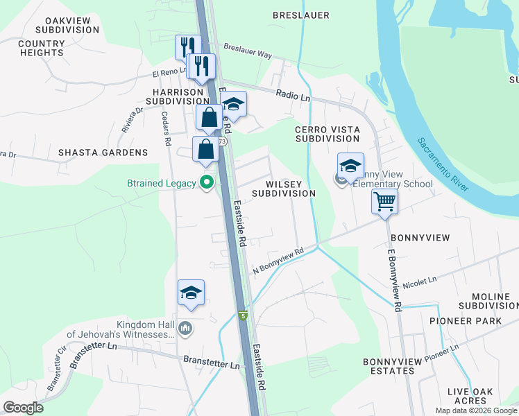 map of restaurants, bars, coffee shops, grocery stores, and more near 4890 Bonnyview Avenue in Redding