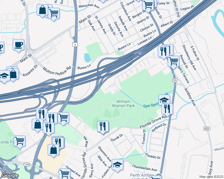 map of restaurants, bars, coffee shops, grocery stores, and more near 1012 Cricket Lane in Woodbridge Township