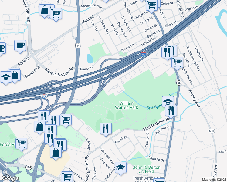 map of restaurants, bars, coffee shops, grocery stores, and more near 1012 Cricket Lane in Woodbridge Township
