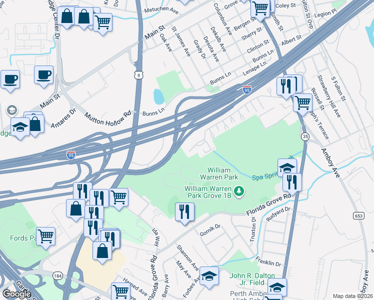 map of restaurants, bars, coffee shops, grocery stores, and more near 1025 Cricket Lane in Woodbridge Township