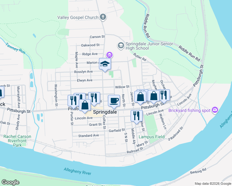 map of restaurants, bars, coffee shops, grocery stores, and more near 401 North Street in Springdale
