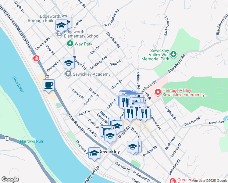 map of restaurants, bars, coffee shops, grocery stores, and more near 505 Grove Street in Sewickley