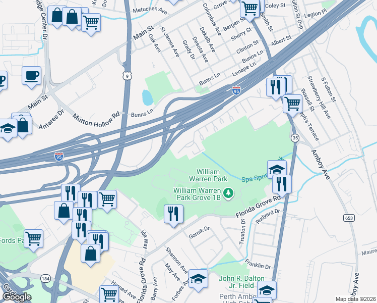 map of restaurants, bars, coffee shops, grocery stores, and more near 1012 Cricket Lane in Woodbridge Township