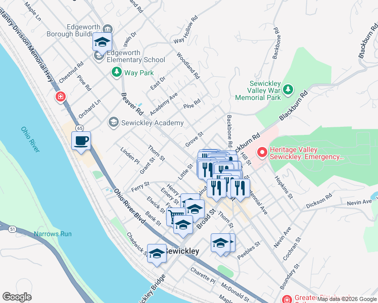 map of restaurants, bars, coffee shops, grocery stores, and more near 505 Grove Street in Sewickley