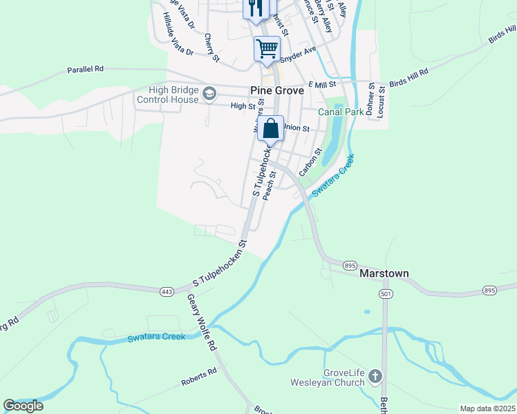 map of restaurants, bars, coffee shops, grocery stores, and more near 297 South Tulpehocken Street in Pine Grove